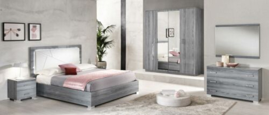 Schlofzëmmer Set Bett 2xNuetsdësch Kommoud Spigel Kleederschaf 6 Stécker Miwwelen
