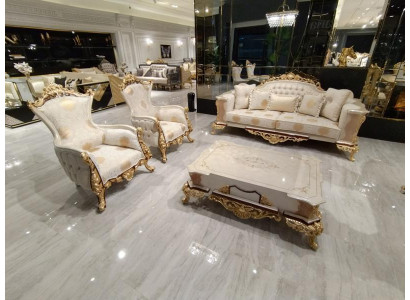 Sofagarnitur 311 + Couchtisch Holz Wunnzëmmer Luxus Sofa Chesterfield Stoff Nei