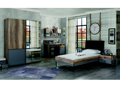 Modern Jugendzëmmer Set Bett Nuetsdësch Dësch Schlofzëmmer Wandregal 6 Stéck.