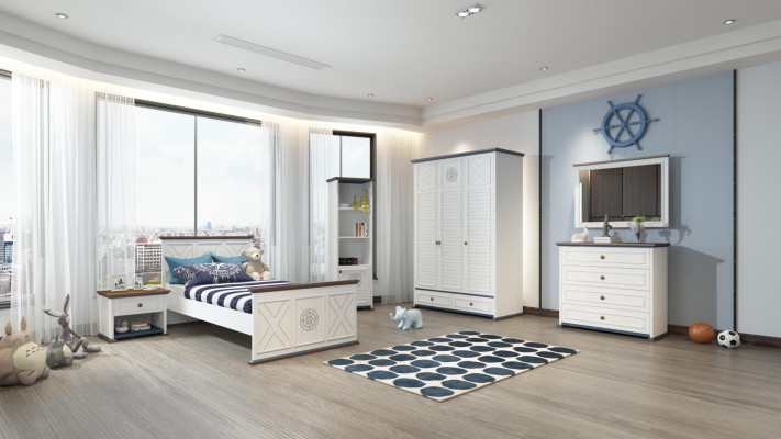 Kannerzëmmer Set Bett Nuetsdësch Kleederschaf Kommode Schlofzëmmer 6tlg.