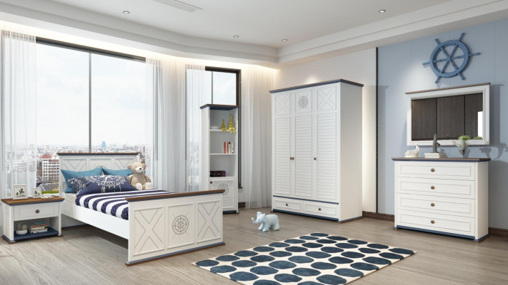 Kannerzëmmer Set Bett Nuetsdësch Kleederschaf Kommode Schlofzëmmer 6tlg.