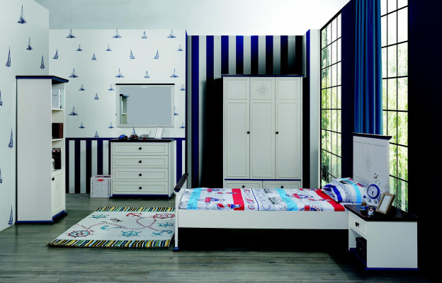 Kannerzëmmer Komplett Set Bett Nuetsdësch Kleederschaf Kommode Spigel 6 Deeler