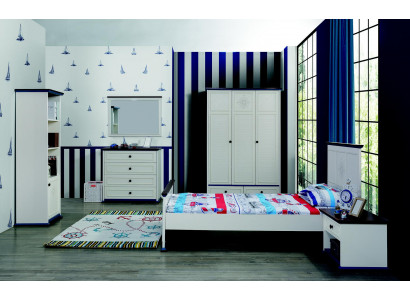 Kannerzëmmer Komplett Set Bett Nuetsdësch Kleederschaf Kommode Spigel 6 Deeler