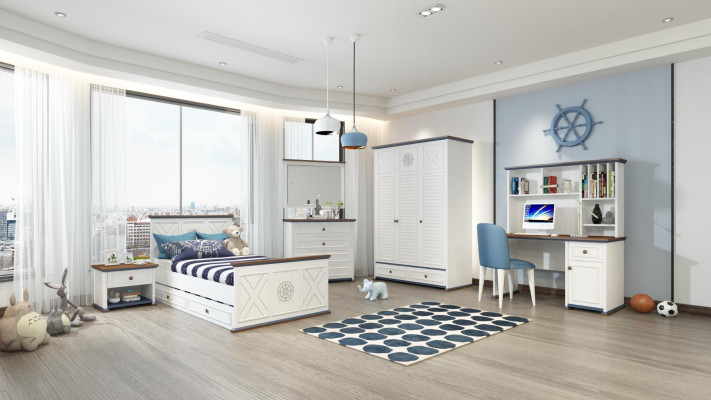 Luxus Jugendzëmmer Set Bett Nuetsdësch Kleederschaf Miwwel 5-Stéck. Nei