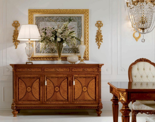 Luxus Iessgrupp Iesszëmmer Iessdësch Stull Vitrinn Sideboard Set 8-Deeler