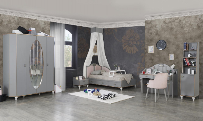 Kannerzëmmer Miwwel 5-Deeler Set Design Bett Nuetsdësch Kleederschaf