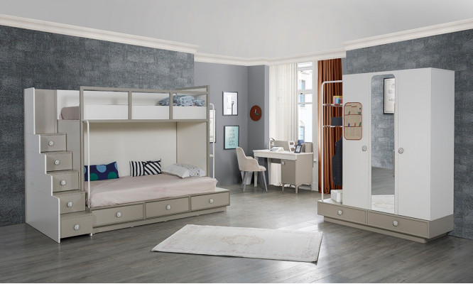 Kannerzëmmer Schlofzëmmer Set Holz Miwwelen Etagenbett Héichbett Dësch 3 Deeler.