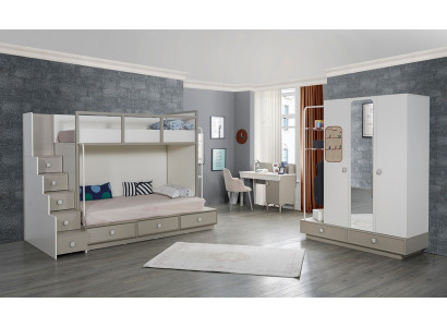 Kannerzëmmer Schlofzëmmer Set Holz Miwwelen Etagenbett Héichbett Dësch 3 Deeler.
