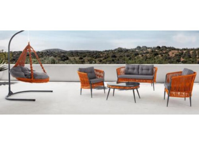Orange Gaart Sëtzmiwwel Sofagarnitur Zweisëtzer Fauteuil Couchtisch Set