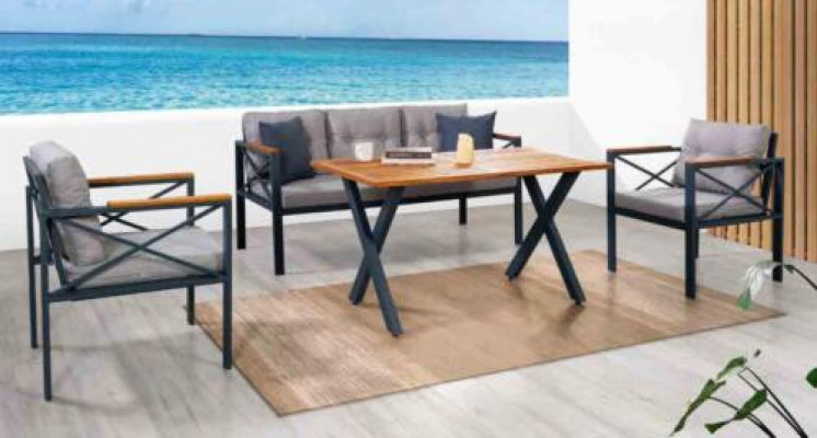 Modern Grau Gaardenmiwwel Set Sessel Hocker Dësch Veranda 4tlg. Set