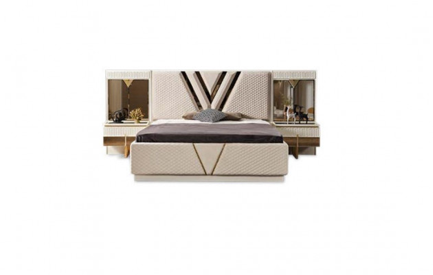 Schlofzëmmer 4-Stéck-Set Polsterbett 2x Nuetsdëscher Kleederschaf Luxus