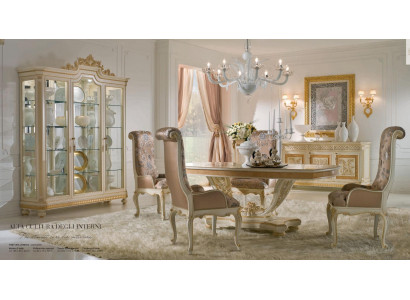 Luxus Iessgrupp Iesszëmmer Iessdësch Stull Vitrine Kommode Set 7-Deeler Beige
