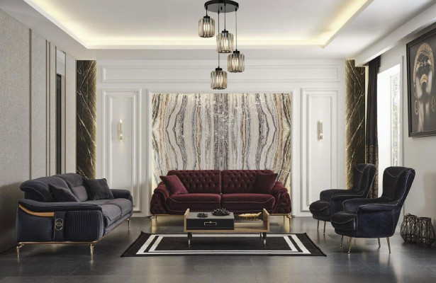 Design Chesterfield Wunnzëmmer 3-Sëtz Textil Canapé Schwaarz Gepolstert.