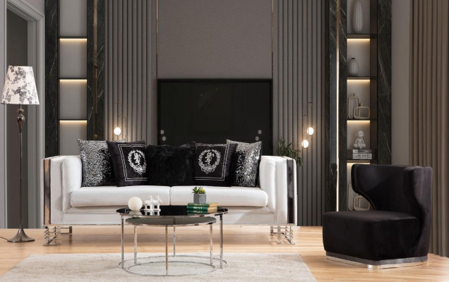 Wäiss-Schwaarz Couch Set Living Zëmmer Sofa Dräisiichter Polstersëtz Fautteuil
