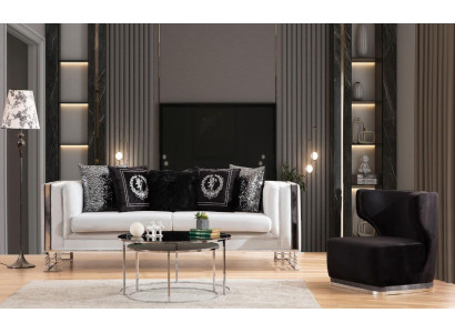 Wäiss-Schwaarz Couch Set Living Zëmmer Sofa Dräisiichter Polstersëtz Fautteuil