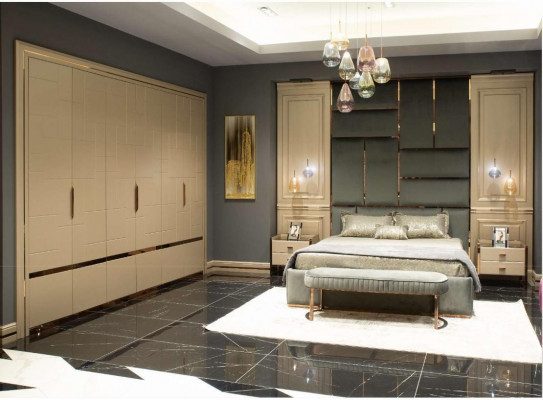 Luxus Schlofkummer Set Duebelbett Bett Nuetsdësch Set 6tlg Béisch.