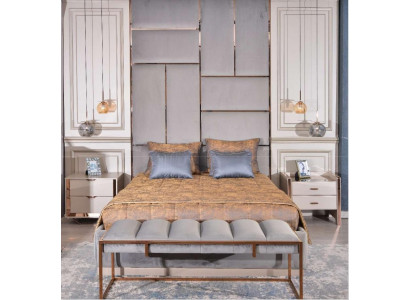 Luxus Schlofzëmmer Set Mat Duebelbett An Nochtschränk 5 Deeler Beige