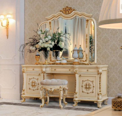 Barock Make-uptisch Spigel Konsol Dësch Holz Beige Set Schlofzëmmer