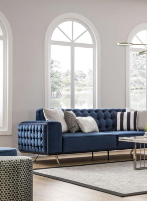 Klassesch Chesterfield Dräisëtzer Miwwel Sofa Luxus Couchen Blo 3 Sëtz Sofas