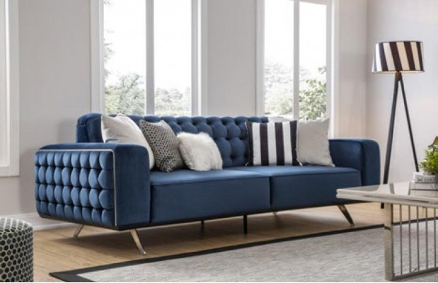 Klassesch Chesterfield Dräisëtzer Miwwel Sofa Luxus Couchen Blo 3 Sëtz Sofas
