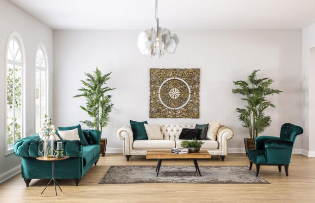 Klassesch Chesterfield Drësëtzer Miwwel Sofa Luxus Couchen Gréng 3 Sitz Sofas