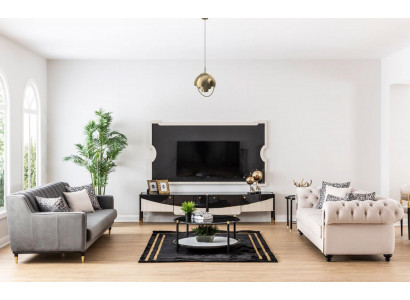 Canapé-Sëtzgrupp Couch Set Sofa Stil Mëbelen Dësch 3stéck Chesterfield
