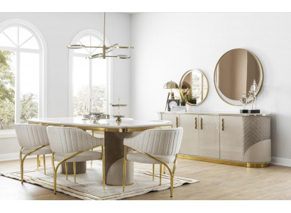 Iesszëmmer Set 10-Stéck Garnitur Luxus Dësch 6x Stull Anrichte Spigel Miwwelen Holz