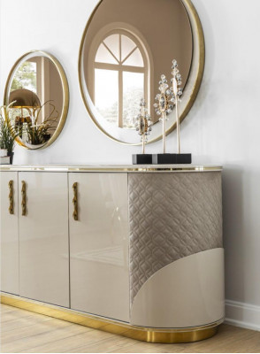 Iesszëmmer Set 10-Stéck Garnitur Luxus Dësch 6x Stull Anrichte Spigel Miwwelen Holz