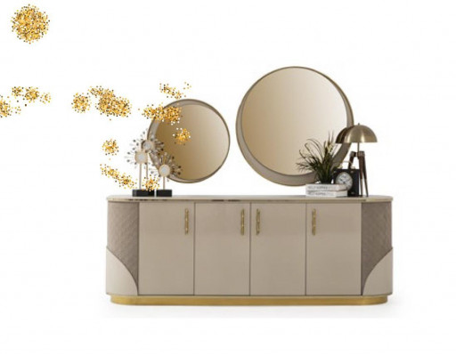 Iesszëmmer Set 10-Stéck Garnitur Luxus Dësch 6x Stull Anrichte Spigel Miwwelen Holz