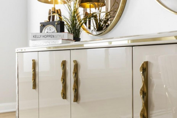 Iesszëmmer Set 10-Stéck Garnitur Luxus Dësch 6x Stull Anrichte Spigel Miwwelen Holz