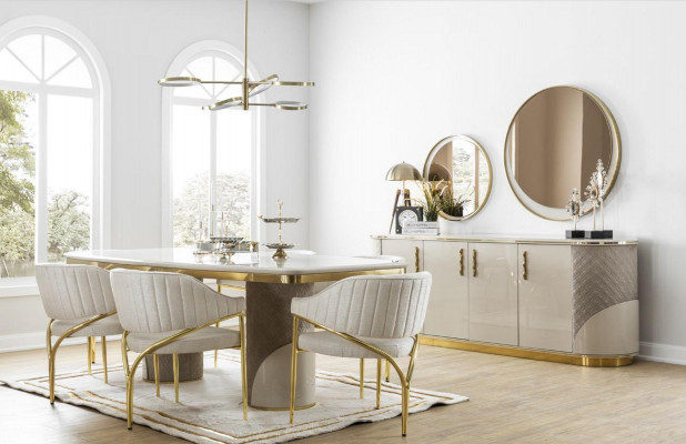 Luxus Iesszëmmer Ariichtung Dësch mat 6 Still Metall Grupp 7tlg Metall