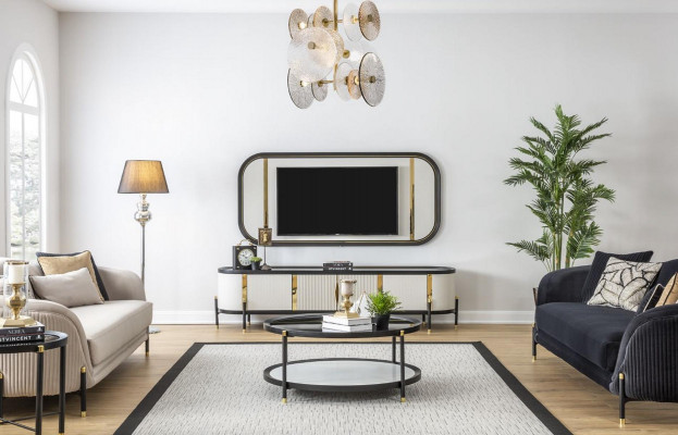 Luxus Set Modern RTV Wunnzëmmer Gestofféiert Sëtzen Sofagarnitur 3 + 3 Sëtz Couchtisch