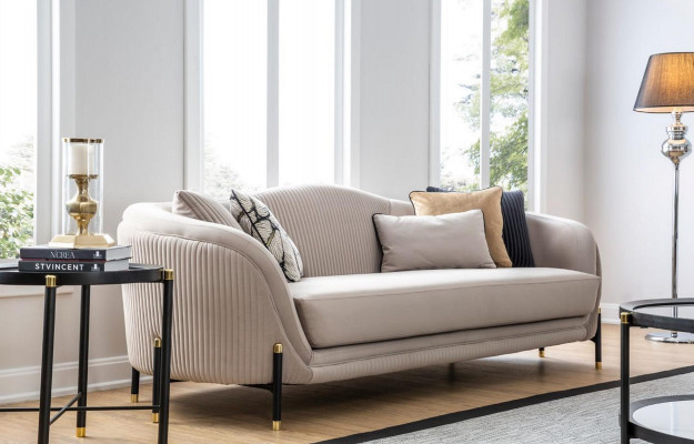 Sofa 3 Sëtzer Polstersofa beige Textil Sëtz Design Canapéë Stoff Modern Nei