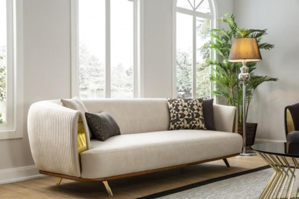Modern Zwee-Sëtz Polstersofa wäiss Textil Design Couch Sofas Stoff