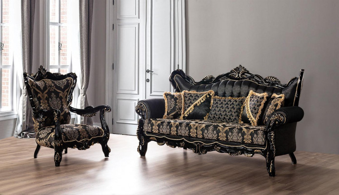 Chesterfield Barock Dräisëtzer Couch Couchen Stoff Gold Sofa Miwwelen