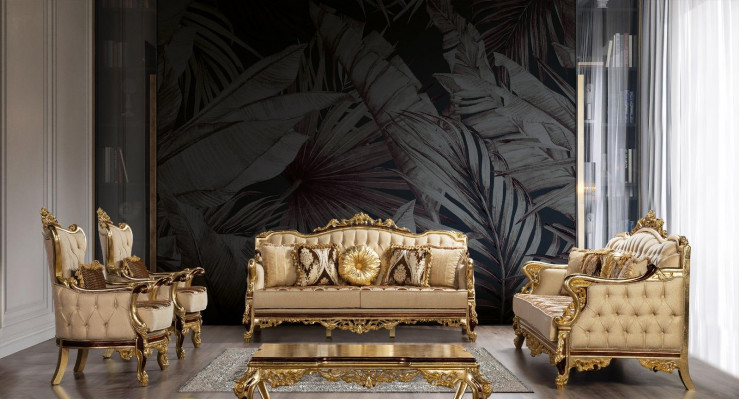 Chesterfield Canapé Barock Dräisëtzer Miwwelen Sofa Canapéen Stoff Gold