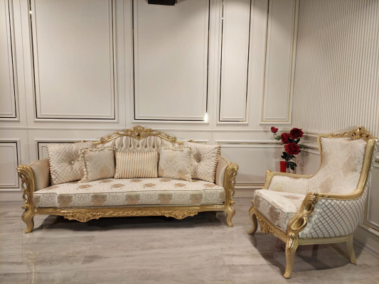 Canapéset Sofa 3+1 Plaz Sessel Dësch geschnëtzt Been Couchdësch 3tlg.