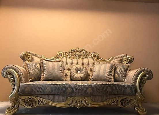 Barock Dräisëtzer Chesterfield Canapé Miwwelen Sofa Couchen Stoff Braun