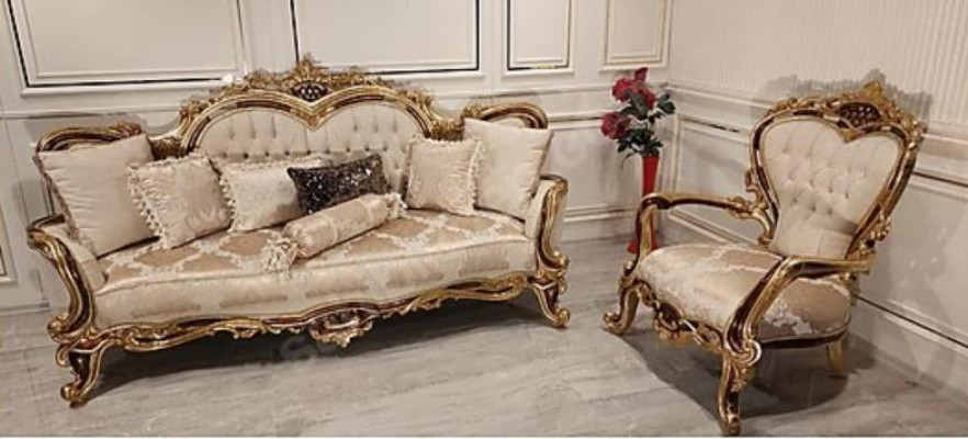 Chesterfield Barock Dräisëtzer Canapé Miwwelen Sofa Couche Stoff Beige