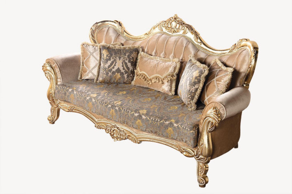 Chesterfield Barock Dräisëtzer Couch Miwwel Sofa Stoff Gold Couchen
