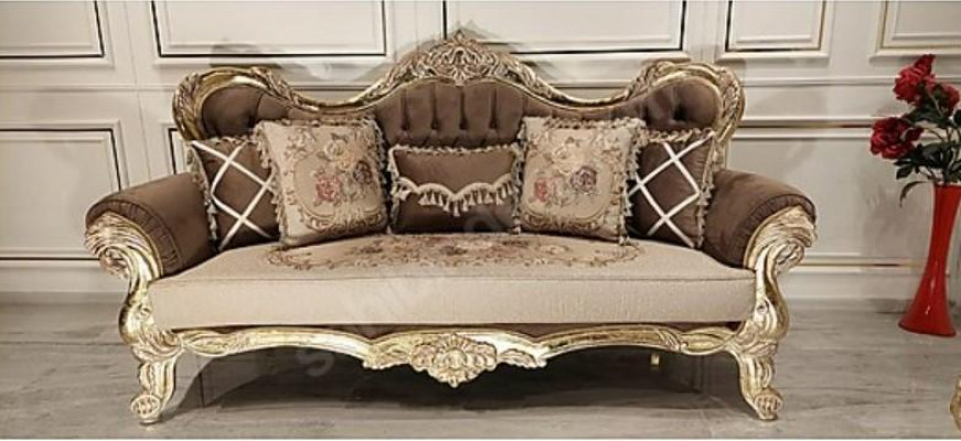 Chesterfield Barock Dräi-Sëtzene Sofa Couchen Stoff Gold Miwwelen