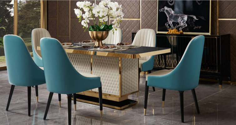 Designer Holz Iess- a Wunnzëmmer Set Dësch 4x Leen Still Set Garnitur