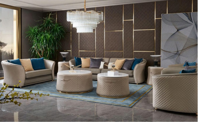 Luxus Miwwelen Sofagarnitur Couch Sofa Polster 421-Sëtzer mat 2x Dëscht 5-Stéck.