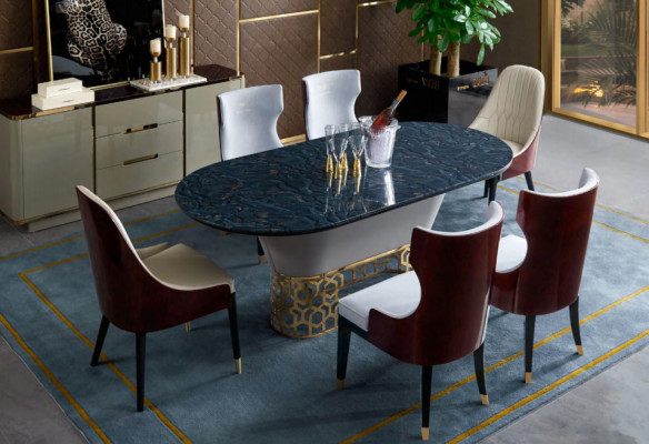 Luxus Designer Edelstol Metall Iessdësch Dëscher Wunnzëmmer Marmor Design