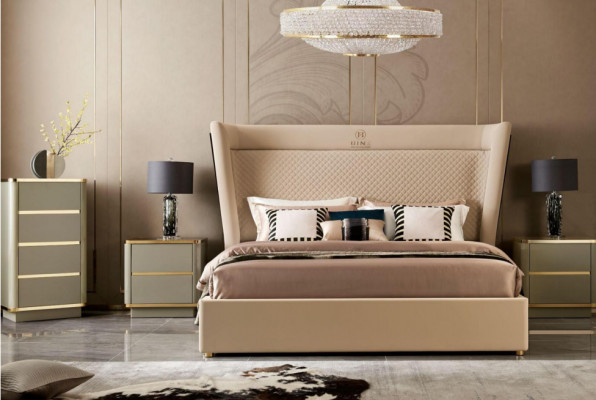 Schlofzëmmer Hotel Better Duebel Bett Design Holz Stoff Better 180x200cm