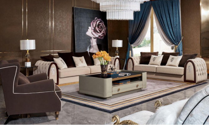 Sofa Chesterfield Beige Stillen Textil Stoff Couchen Luxus Miwwelen 4-Sëtz 295cm