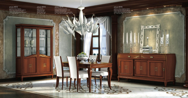 Design-Set 7-deeler Iesszëmmer Iessdësch Stull Kommode Vitrin Grupp Iessdëscher Holz