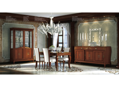 Design-Set 7-deeler Iesszëmmer Iessdësch Stull Kommode Vitrin Grupp Iessdëscher Holz