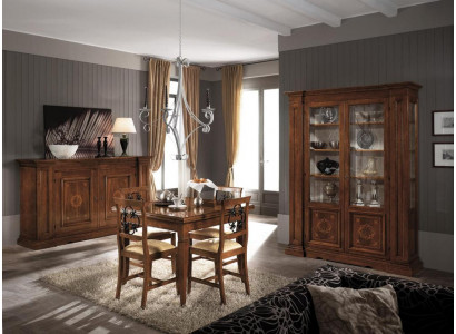 Set Holz Miwwelen Kommode 4x Stull Dësch Vitrinn Nei Grupp Iesszëmmer Set 7tlg