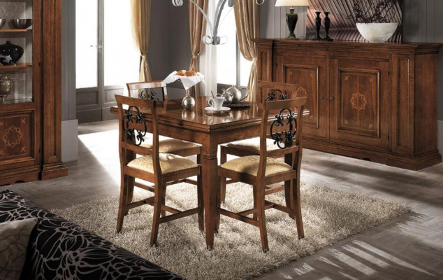 Set Holz Miwwelen Kommode 4x Stull Dësch Vitrinn Nei Grupp Iesszëmmer Set 7tlg